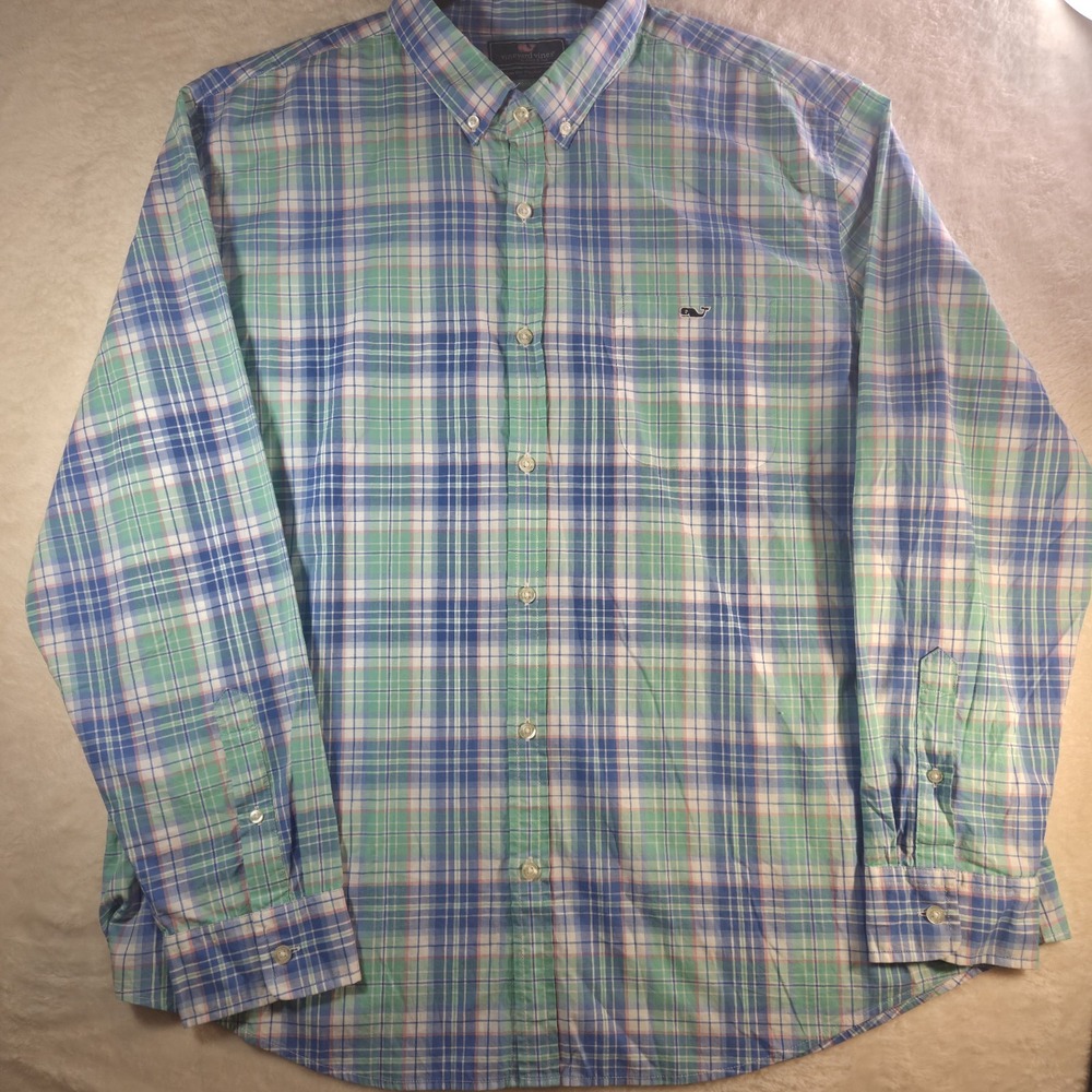 Vineyard Vines Men's Long Sleeve Plaid Tucker Shirt Blue Green Pastel 2XL